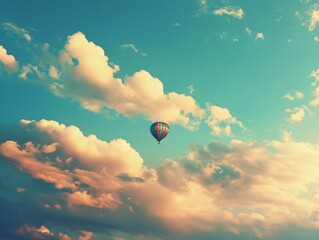 A vibrant, multicolored hot air balloon floating gracefully in a clear blue sky dotted with soft, white clouds. With copy space for text.