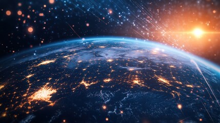 Wall Mural - a digital depiction of earth from space, showcasing city lights and cosmic elements.