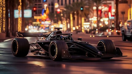 A black formula one race car parked in a city street at night.