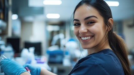 Wall Mural - A smiling healthcare professional working in a lab setting.