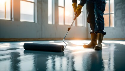 Construction worker skillfully applying floor coating under ample natural light from spacious windows