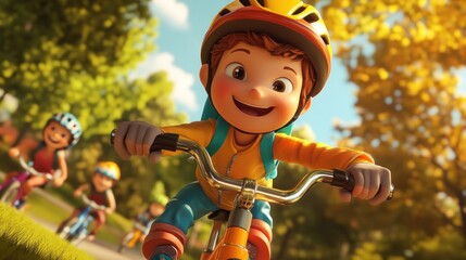 Poster - A cheerful child rides a bicycle with friends in a sunny park setting.