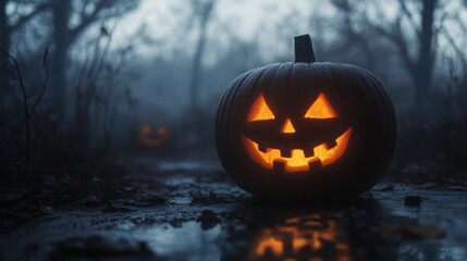 Canvas Print - A glowing jack-o'-lantern in a misty forest, evoking a spooky Halloween atmosphere.