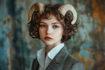 A surreal portrait of a young woman with ram horns, blending fantasy elements and realism. She wears a formal suit, enhancing the mystical vibe.
