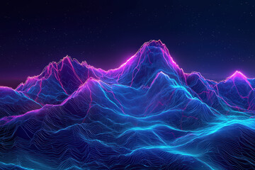 Glowing 3D wireframe mountains with neon edges create stunning visual effect against starry night sky. vibrant colors evoke sense of wonder and exploration