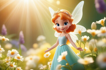 adorable fairy girl with wings and flora wreath on bright natural background, sun rays, flowers, blurred background