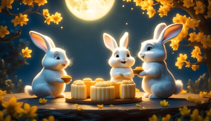 Wall Mural - Charming bunnies enjoying mooncakes beneath a radiant full moon