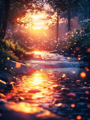 Wall Mural - A serene sunset illuminating a tranquil brook, perfect for relaxation and outdoor event designs. Good for Wall Art, Poster Print, Wallpaper & Background