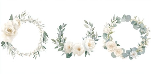 Wall Mural - Flowers, roses, peonies, and green leaf branches watercolor floral illustration set. Wedding invitations, wallpapers, fashion. Eucalyptus olive leaves chamomile.