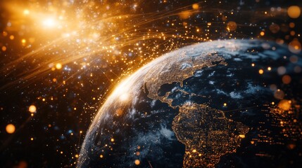 Wall Mural - a stunning view of earth illuminated at night, surrounded by cosmic light and stars.