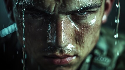 Poster - A close-up of a determined soldier's face, drenched in water, conveying intensity and focus.