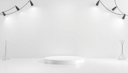 Minimalist white podium with spotlights and two triangle stands.