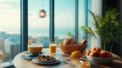 A cozy breakfast table with fresh bread, fruit, and orange juice, set near a large window overlooking a beautiful city and ocean view in the morning light.
