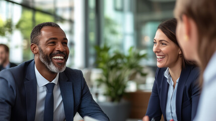 A group of men and women in office attire sitting together in a meeting, all smiling and engaged in a positive, friendly discussion.