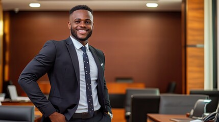 Confident businessman smiling in a modern office setting, showcasing professionalism and success in a corporate environment.