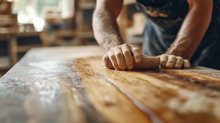 Wall Mural - A craftsman sanding a wooden surface in a workshop, showcasing woodworking skills.