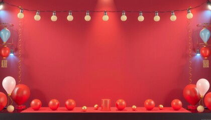 Red background with string lights and balloons.