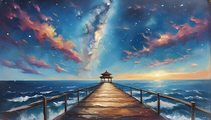 Serene seascape with a galaxy sky above a pavilion at the end of a wooden pathway stretching toward the horizon in an enchanting oil painting illustration