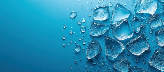 Poster - Ice Cubes with Water Drops on Blue Background