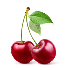 Wall Mural - cherry with stem and leaf isolated on white background.