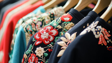 Display embroidery on various types of clothing, such as shirts, dresses, or jackets. Emphasize how embroidery can enhance fashion and add a personal touch to everyday wear.