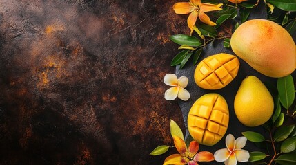 A vibrant arrangement of mangoes, pears, and flowers on a textured background.