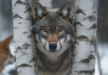 Wall Mural - Wolf Hiding Behind a Birch Tree