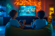 © Iriyalo - Two boys playing video games on a large screen while sitting on a bean bag in a cozy room with colorful lighting