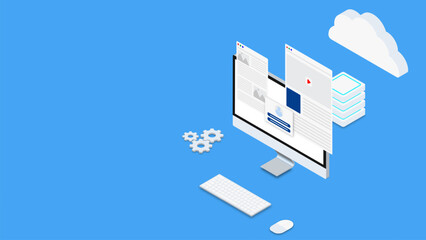Web design and development with computer, cloud and server isometric. Digital software developer concept on blue background
