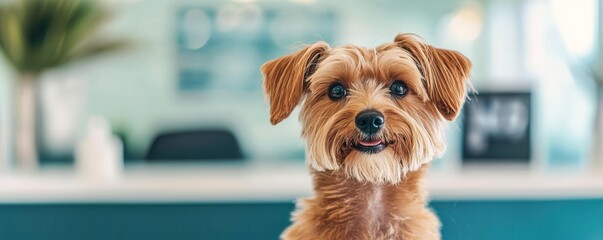 Cute dog sitting in a modern, bright environment, looking at the camera.