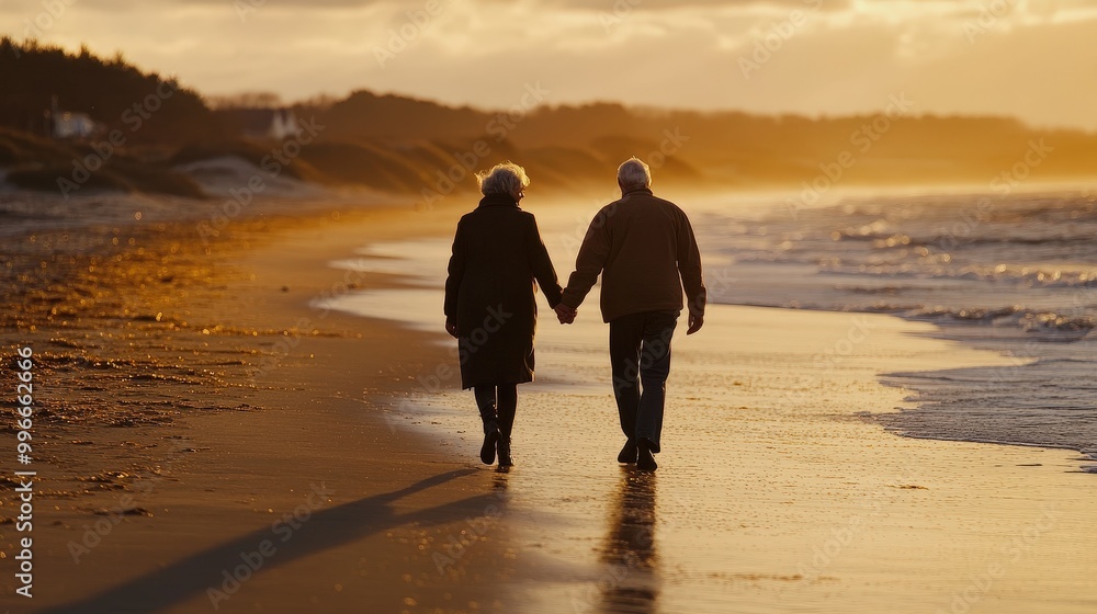 Elderly couple enjoys a romantic sunset walk along the beach, hand in ...