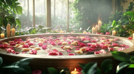 A rose petal bath scene with a cozy tub, candles, and lush greenery invites serene relaxation.