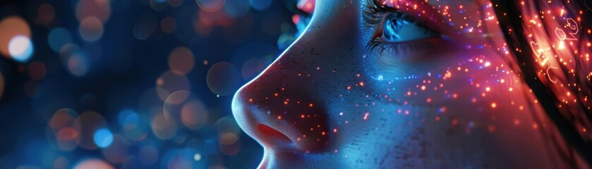 Poster - A close-up of a woman's face adorned with vibrant cosmic patterns, showcasing beauty and the mysteries of the universe.