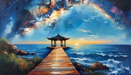 Serene seascape with a galaxy sky above a pavilion at the end of a wooden pathway stretching toward the horizon in an enchanting oil painting illustration