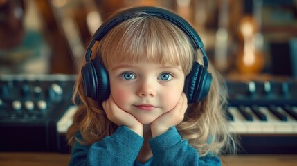 Sticker - A child with headphones rests their chin on their hands in a music studio setting.