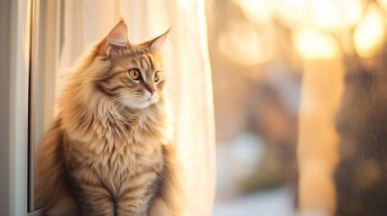 Sticker - A fluffy cat gazes out a window, illuminated by warm sunlight.