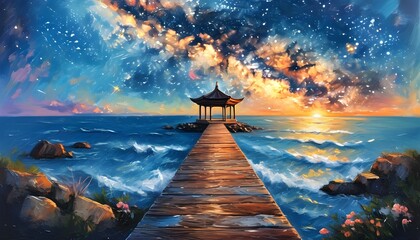 Serene seascape with a galaxy sky above a pavilion at the end of a wooden pathway stretching toward the horizon in an enchanting oil painting illustration