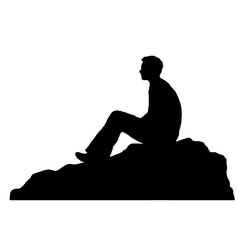 Man Seated on Cliff Silhouette – Vector Art Isolated on White Background