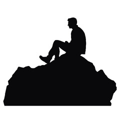 Silhouette of Man Sitting Calmly on Rock – Vector Illustration Isolated on White