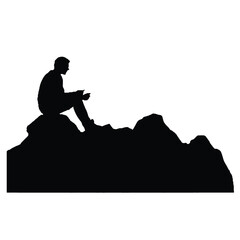 Silhouette of Man Enjoying Quiet Moment on Rock – Vector Art Isolated on White