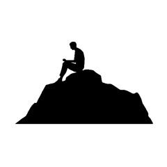 Silhouette of Man Sitting on Mountain Edge Rock – Vector Illustration Isolated on White