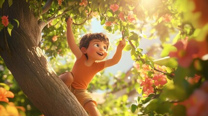 Canvas Print - A cheerful boy climbing a tree adorned with colorful flowers, enjoying nature's beauty.