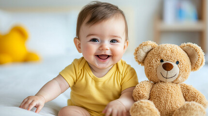 a baby smiling with a plush toy