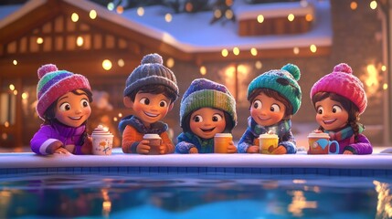 Wall Mural - A group of children enjoying warm drinks by a snowy poolside during winter festivities.