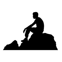 Silhouette of Man Perched on Rock – Vector Illustration Isolated on White