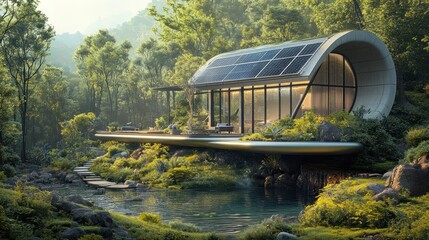 Canvas Print - A modern eco-friendly home nestled in a lush forest by a serene pond.