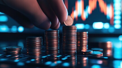 Poster - A hand stacks coins on a digital display, symbolizing investment and financial growth.