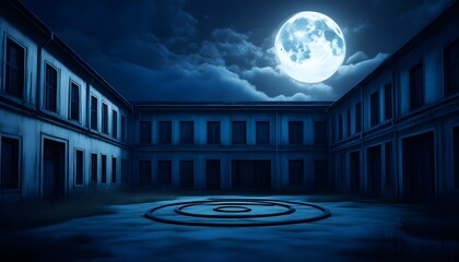 Wall Mural - Haunting Full Moon Illuminates Eerie Abandoned Building with Foreboding Courtyard