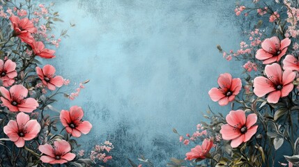 Creative nature backdrop featuring a border of pink flowers against a vintage blue backdrop for a spring summer theme