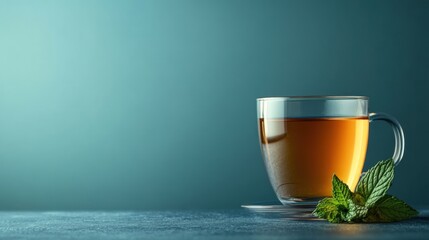 A glass cup of tea with mint leaves on a blue background.